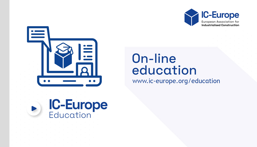 Banner for IC-Europe Education: blue laptop illustration with a graduation cap, chat bubble, and user icon; text 'IC-Europe Education' and 'On-line education' with the URL www.ic-europe.org/education; IC-Europe logo top-right.