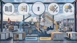 Automated factory scene with robotic arms and a world map overlay illustrating a global supply chain and manufacturing stages of production.