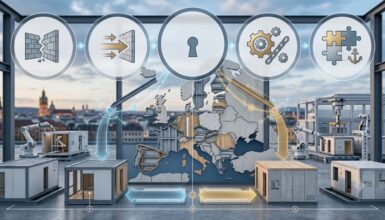 Automated factory scene with robotic arms and a world map overlay illustrating a global supply chain and manufacturing stages of production.