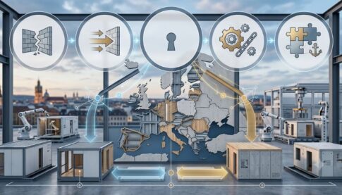 Automated factory scene with robotic arms and a world map overlay illustrating a global supply chain and manufacturing stages of production.