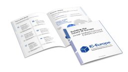 Open brochure with two-page spread beside a closed IC-Europa booklet titled 'Building the future of Europe through industrialised construction'.