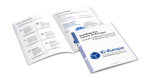 Open brochure with two-page spread beside a closed IC-Europa booklet titled 'Building the future of Europe through industrialised construction'.