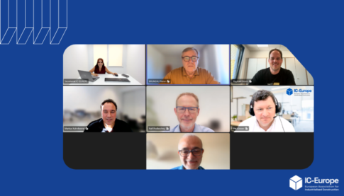 Nine-panel video call on a blue backdrop; participants appear in tiles (one at a desk, others in offices) with IC-Europe branding visible in the bottom-right.