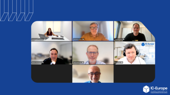 Nine-panel video call on a blue backdrop; participants appear in tiles (one at a desk, others in offices) with IC-Europe branding visible in the bottom-right.